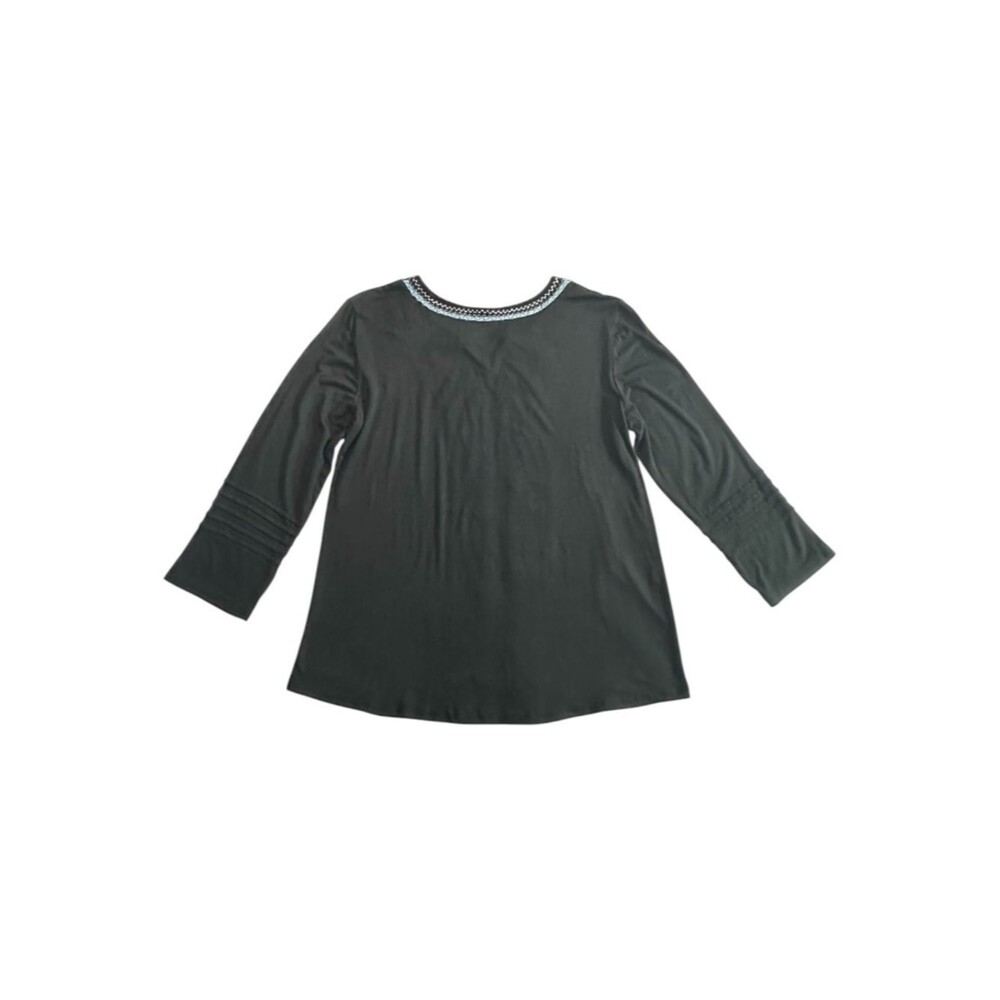 Embroidered Boho Top Black Floral Stitching Soft Stretch Blouse M - Picture 6 of 7